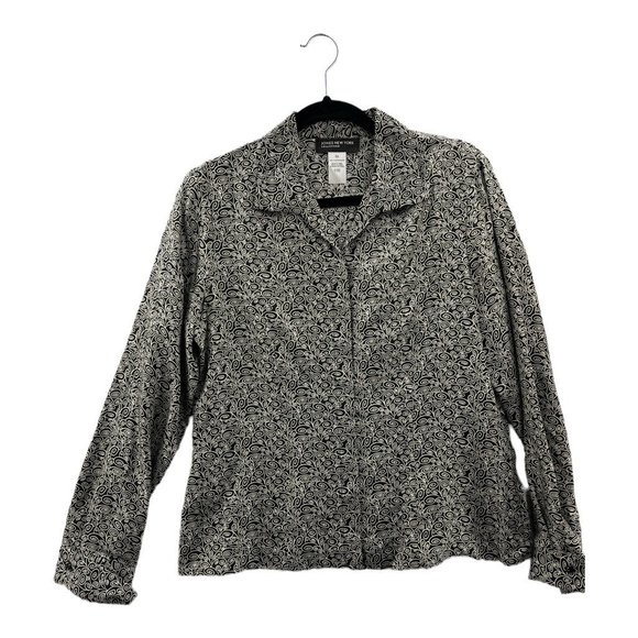 Jones New York Tops - Jones New York Womens Button Up Shirt Black Scroll Long Sleeve Cuff 100% Silk 10